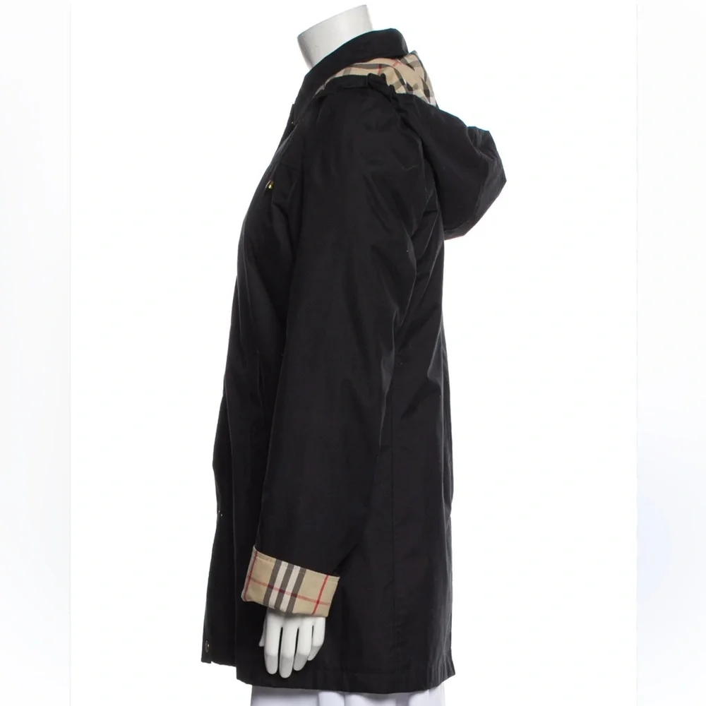 Black Hooded Women's Trench Coat with Plaid Lining - Picture 1 of 4